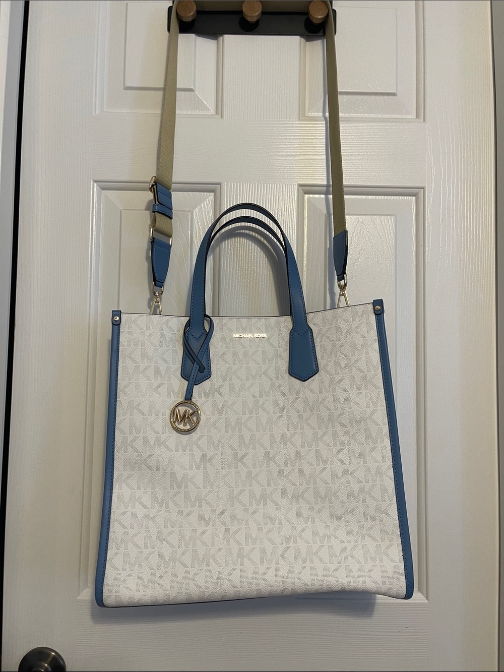 Michael Kors White and Blue Monogram Tote with Removable Strap